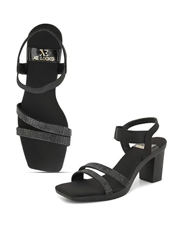 XE Looks Black Women’s Trendy Block Heel Sandals | Embellished Double Strap Ankle Strap Heels with Cushioned Footbed | Party & Casual Occasion | For Women & Girls