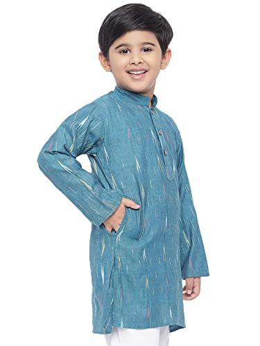 Vastraa Fusion Kid's Ikat Pattern Kurta Pure Cotton Long Kurta, Round Collar, Full Sleeves, Button Kurta, Ethnic Wear (VASTRAAKD3013-9-10)