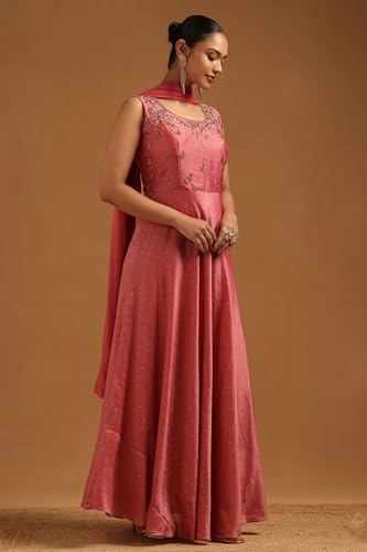 Soch Womens Pink Vichitra Floral Gown with Cutwork