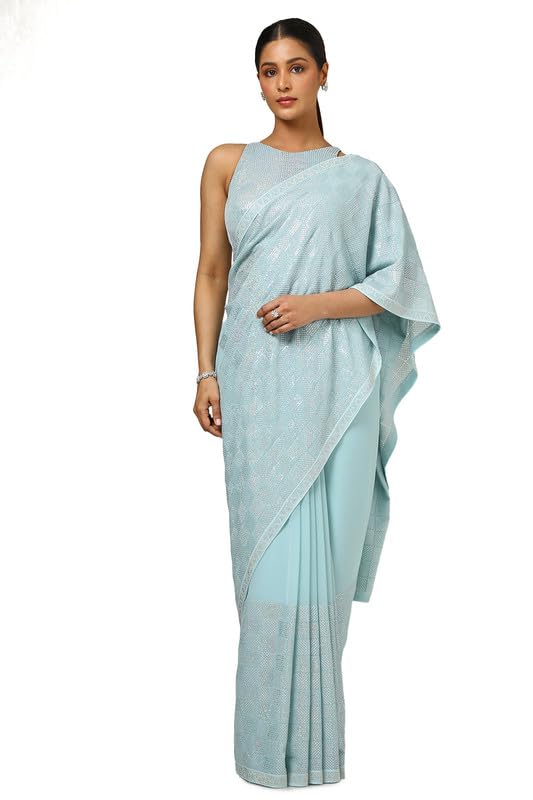 Soch Womens Turquoise Blue Georgette Embellished Saree With Sequins