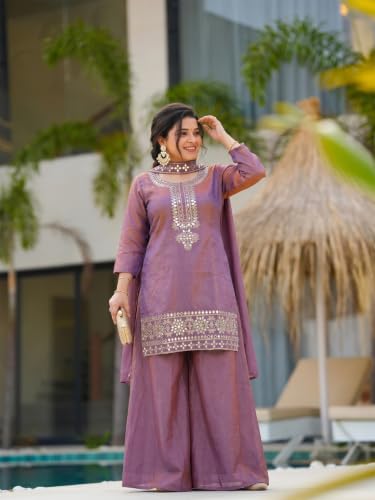 VARNI FABRICS: A lady's First Love Women's Purple Silk Blend Embroidered Straight Kurta Set With Palazzo And Dupatta