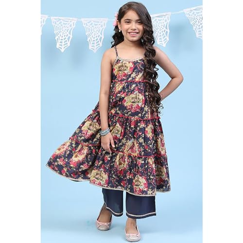 BIBA Girls Rayon Tiered Printed Suit Set (KW5027EAW22BLU_Blue