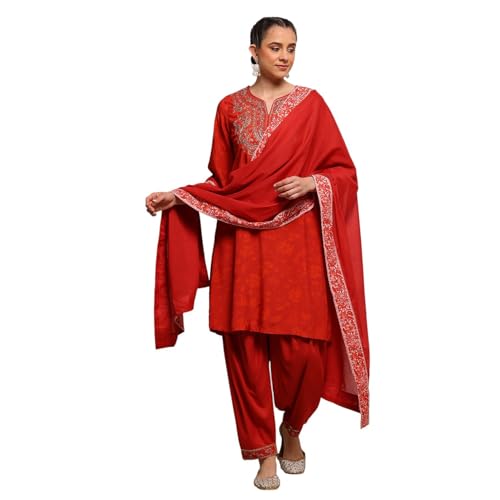 Biba Women Burnt Orange Viscose Blend Straight Printed Suit Set_42