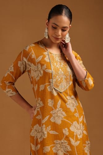 Soch Womens Mustard Chanderi Floral Embroidered Kurta