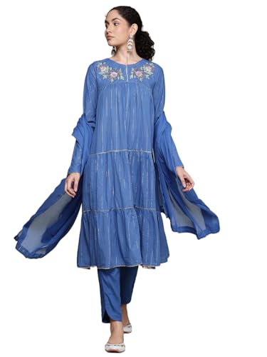Aarke Ritu Kumar Blue Narmeen Solid Round Neck Kurta With Pant And Dupatta