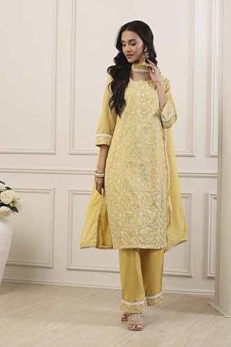 Biba Women Yellow Zari Cotton Tissue Straight Suit Set_32