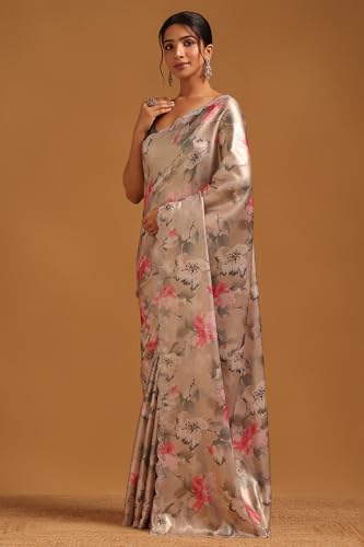 Soch Womens Beige Satin Floral Saree With Swarovski Stone