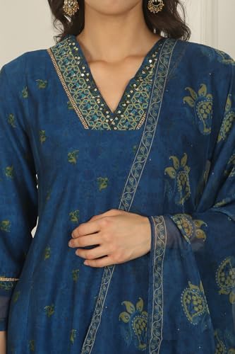 W for Woman Blue Floral Printed Embroidered Flared Kurta, Pants and Dupatta Set (Size: XL)-WS12127-124234