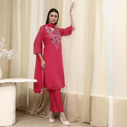 BIBA Women Fuchsia Embroidered Straight Suit Set_36