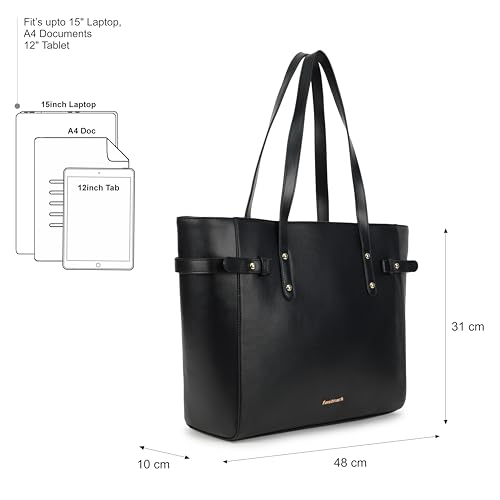 Fastrack Black Powermode Laptop Tote For Women | Black Faux Leather Bag | Fits Upto 15" Laptop | Ladies Tote Bag with Zipper Closure & Utility Pockets