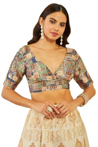 Soch Womens Grey Silk Zari Woven Back-Open V-Neck Blouse