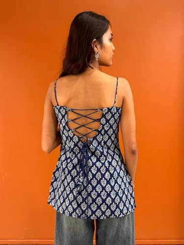 Nishorama Short Nihaala Women's Cotton Halter Neck Corset Kurti, Navy Blue Block Print, Sleeveless Backless Design with Criss-Cross Detail