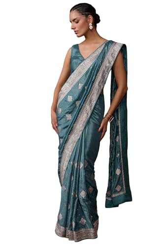 Soch Womens Turquoise Blue Fendy Georgette Embroidered Saree With Stone Work