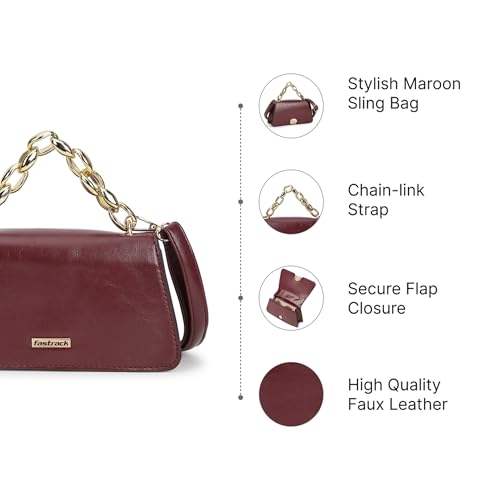Fastrack Party Sling Bag for Women | Compact Shoulder Bag for Girls, Ladies, Women | Faux Leather Handbag with Gold Chain Handle (Maroon)