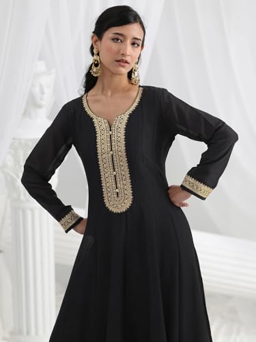 Libas Embroidered Silk Blend A-Line Ethnic Dress with Dupatta-93610L Black