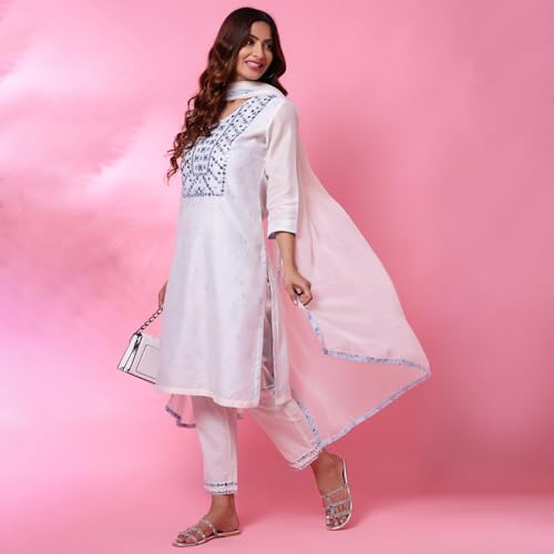 Biba Women Off White Cotton Blend Straight Kurta Pants Suit Set_44
