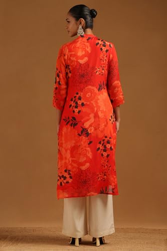 Soch Womens Orange Chinon Floral Kurta