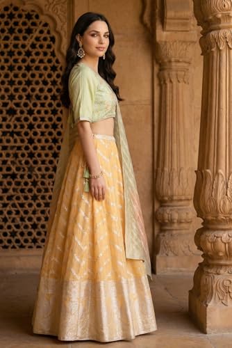 Aurelia Women's Pista Green and Yellow Embroidered Jacquard Blouse with Lehenga and Dupatta Set - (AD10759-706231-M)