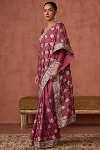 Soch Womens Onion Pink Fendy Georgette Embroidered Saree With Zari