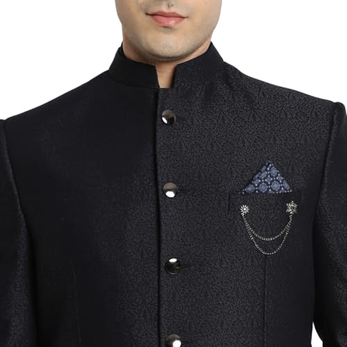Turtle Men Poly Viscose Mandarin Collar Tailored Fit Navy Blue 2 Piece Party Suits