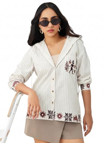 The Souled Store Nomad: Script & Stone Women and Girls Full Sleeves Hooded Printed Cotton Linen Oversized Fit Lightweight Comfortable All-Season for Casual Streetwear Boyfriend Shirts