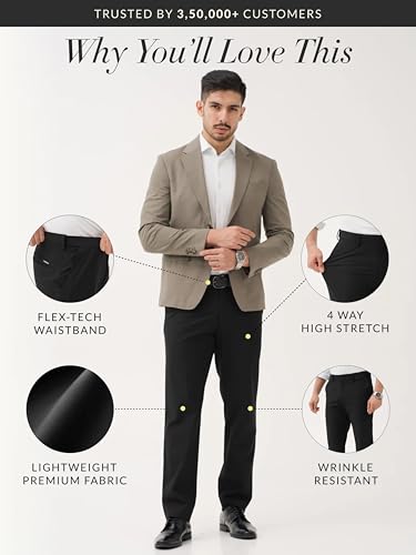 The Pant Project Luxury PV Lycra Stretchable Formal Pants for Men | Stylish Relaxed Fit Men's Wear Trousers for Office or Party | Mens Fashion Dress Trouser Pant (Black, 36)