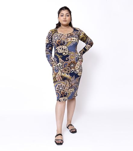 Sheux Stylish European Print Bodycon Midi Dress – Slim Fit Party Dress for Women, Perfect for Birthdays & Girls’ Night Out (S)