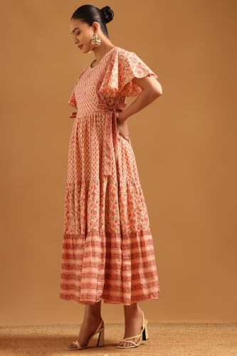 Soch Womens Peach Pure Cotton Botanical Dress with Bead