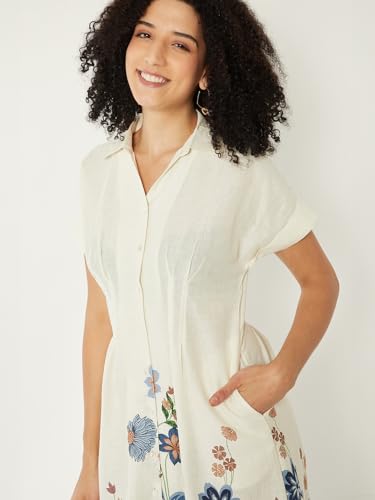 Max Women Floral Print Shirt Dress(White_S)