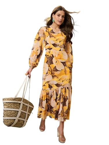 Yellow Floral Baloon Sleeve Midi Dress