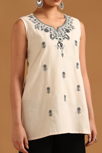 Soch Womens Off White Cotton Floral Tunic with Thread Work