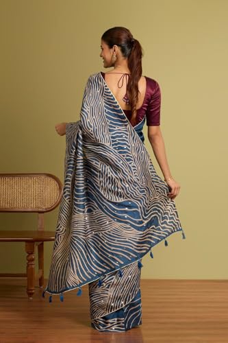 Taneira Women Dark Blue Murshidabad Block Print Pure Silk Saree with Unstitched Blouse Piece (SAIH01AC1467-Dark Blue)