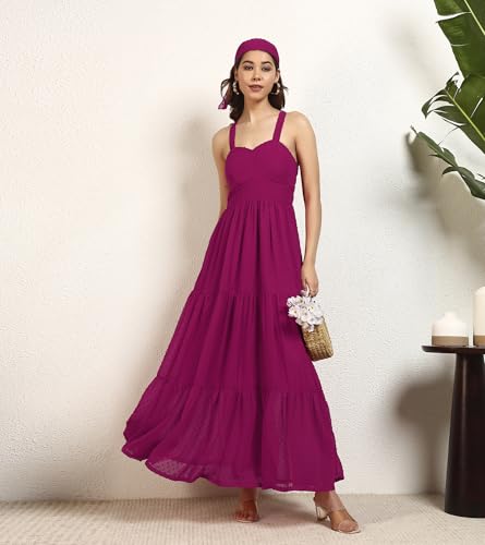 DEEBACO Women's Georgette Dobby Strappy Tiered Maxi Dress|Sleeveless|Sweetheart Neck|Casual Trending Fashion Long One Piece Dresses Women Western(DBDR00002280_M_Magenta)