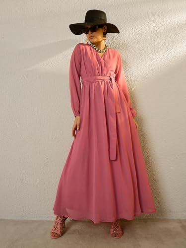 Sassafras Women Pink V-Neck Full Sleeve Maxi Dress-XXL