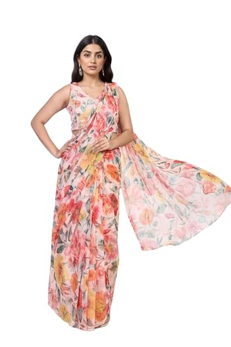 W for Woman Pink Floral Printed Pre-Draped Georgette Saree with Blouse - (WS13895-127624-S)