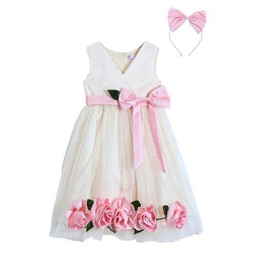 Hopscotch Girls Cream Sleeveless Floral Applique Bow Dress for Age (9-12 Months)