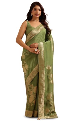 Soch Womens Olive Silk Blend Botanical Zari Woven Saree
