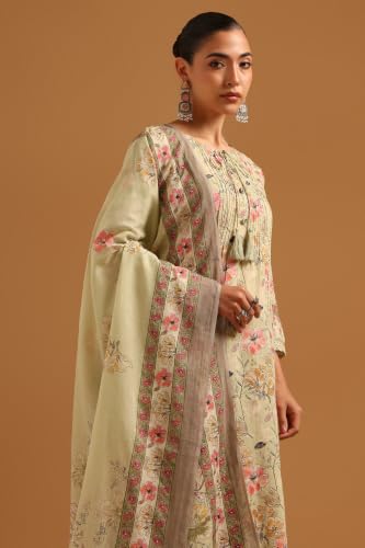 Soch Womens Light Green Cotton Digital Printed Botanical Lace-Detail Salwar Suit