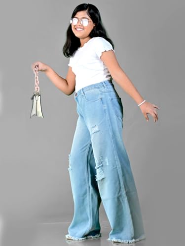 Knit N Knot Girls' Kids Premium Ice, Light Blue Wide Leg Flared Fit Relaxed Loose high Waist Ripped Ruptured Jeans | Casual Festival Occassional wear | Non Stretch | Frayed Bottom | Adjustable Waist