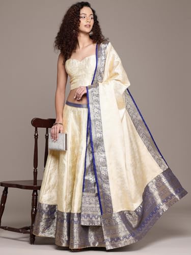 Aarke Ritu Kumar Beige Brocade Sweetheart Neck Blouse With Lehanga And Dupatta