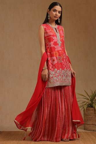 Soch Womens Red Chinon Bandhani Print Suit Set With Zardosi