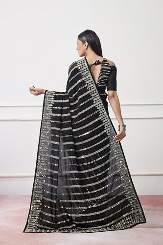 ORHANS Women's Georgette All-Over Fix Diamond Work Saree With Solid Printed And Art Silk Matching With Unstitched Blouse Piece |Saree For Office & College Party