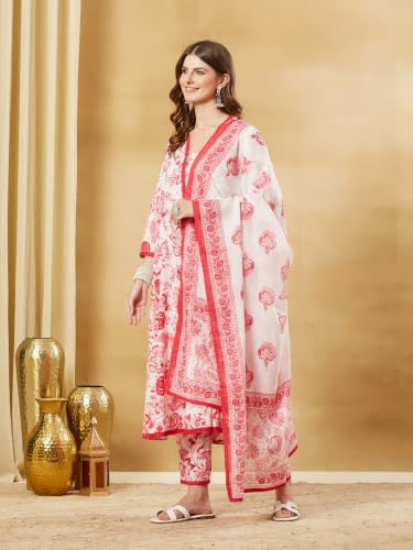 Divena White Floral Cotton Anarkali Kurta Sets With Dupatta