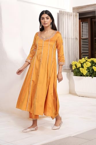 W for Woman Yellow Floral Print Embroidered Anarkali Jacquard Kurta with Straight Pant and Dupatta Set (WS13243-224277-XS)