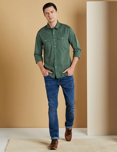 Symbol Premium Men's Casual Washed Cotton Twill Shirt (Regular Fit) (Green_Small)