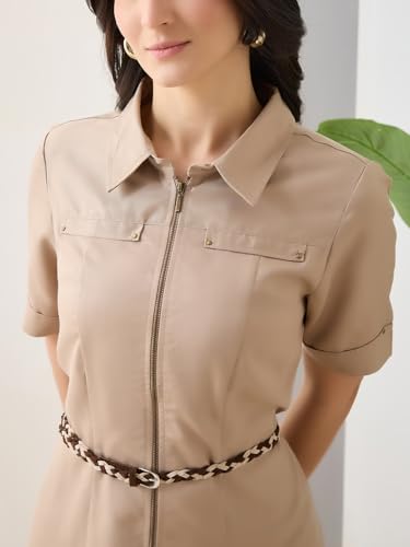 Latin Quarters Women Beige Solid Half Sleeves Collar Neck Casual Dress_S