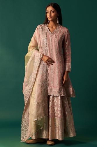 Wishful Women's Lilac Embroidered Panelled Silk Organza Short Kurta with Culotte and Dupatta Set (SP12569-223338-S)