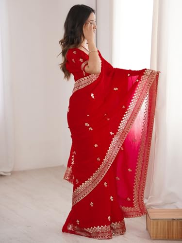 AKHILAM Women's Red Satin Silk Embellished Saree With Unstitched Blouse Piece (KRIYNS5305_KH)
