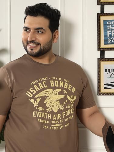 JOHN PRIDE Plus Size Men Regular Fit Printed Short Sleeves Brown Round Neck Stretchable T-Shirt (JPTSR32446_6XL_Brown)