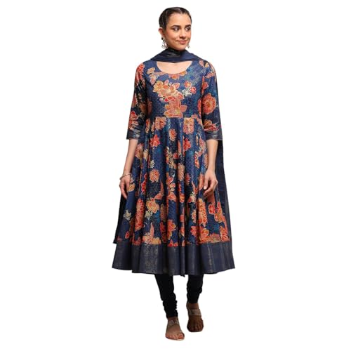 Biba Women Navy Cotton Anarkali Printed Suit Set_42